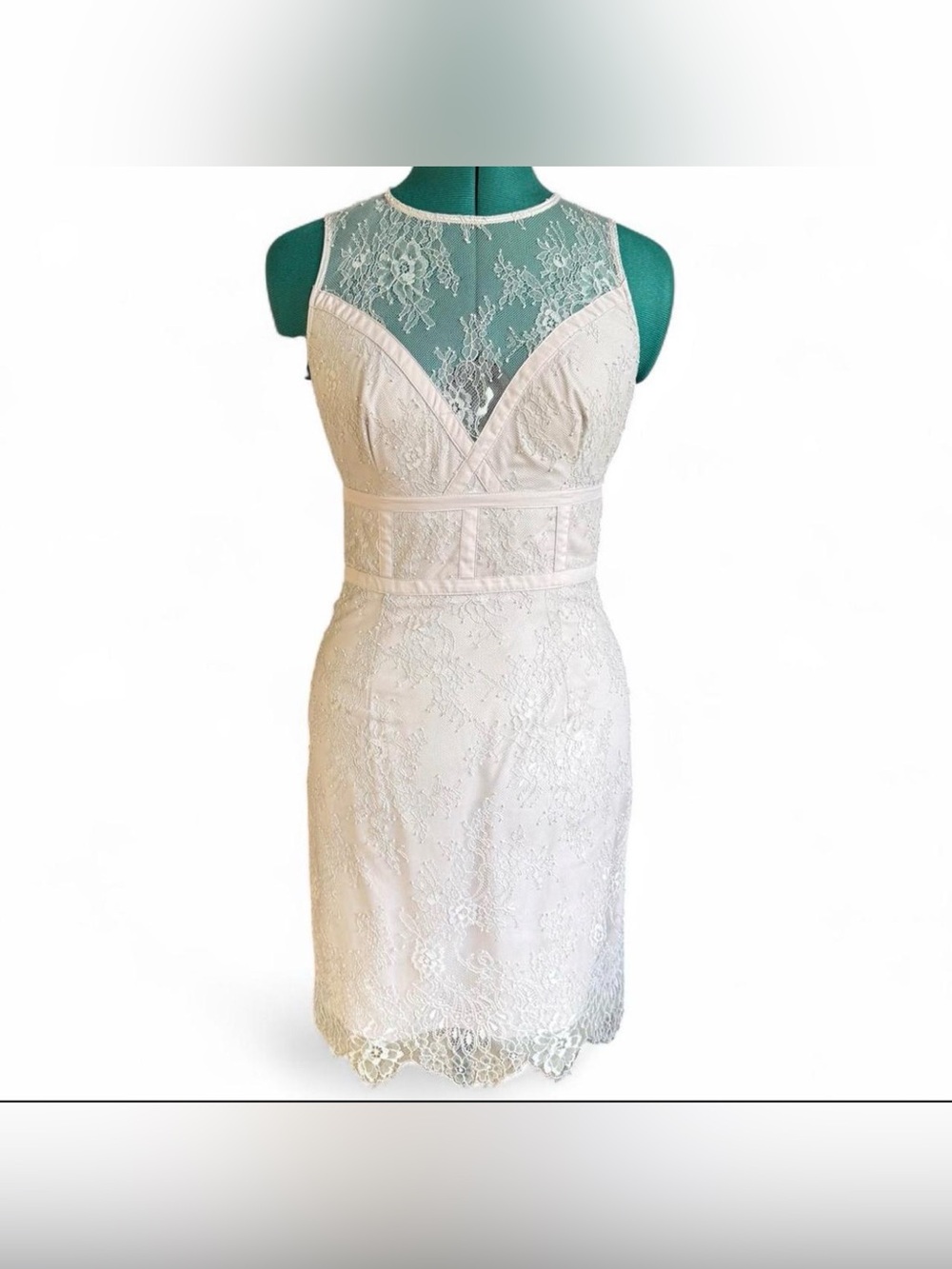 Marciano Off-White Lace Sheath Dress with Illusion Lace Yoke